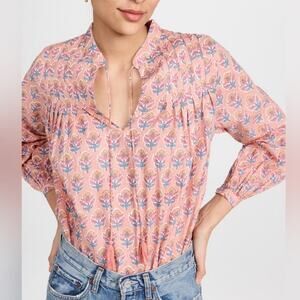 Marea Elizabeth Top Womens Small Orange Floral V Neck Long Sleeve Cotton Boho